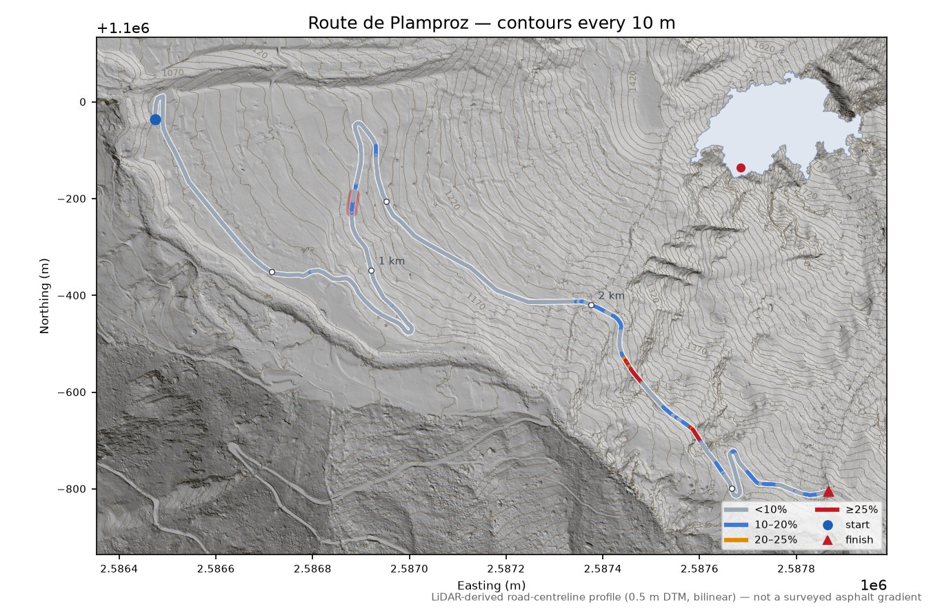 Route de Plamproz LiDAR hillshade map with contours