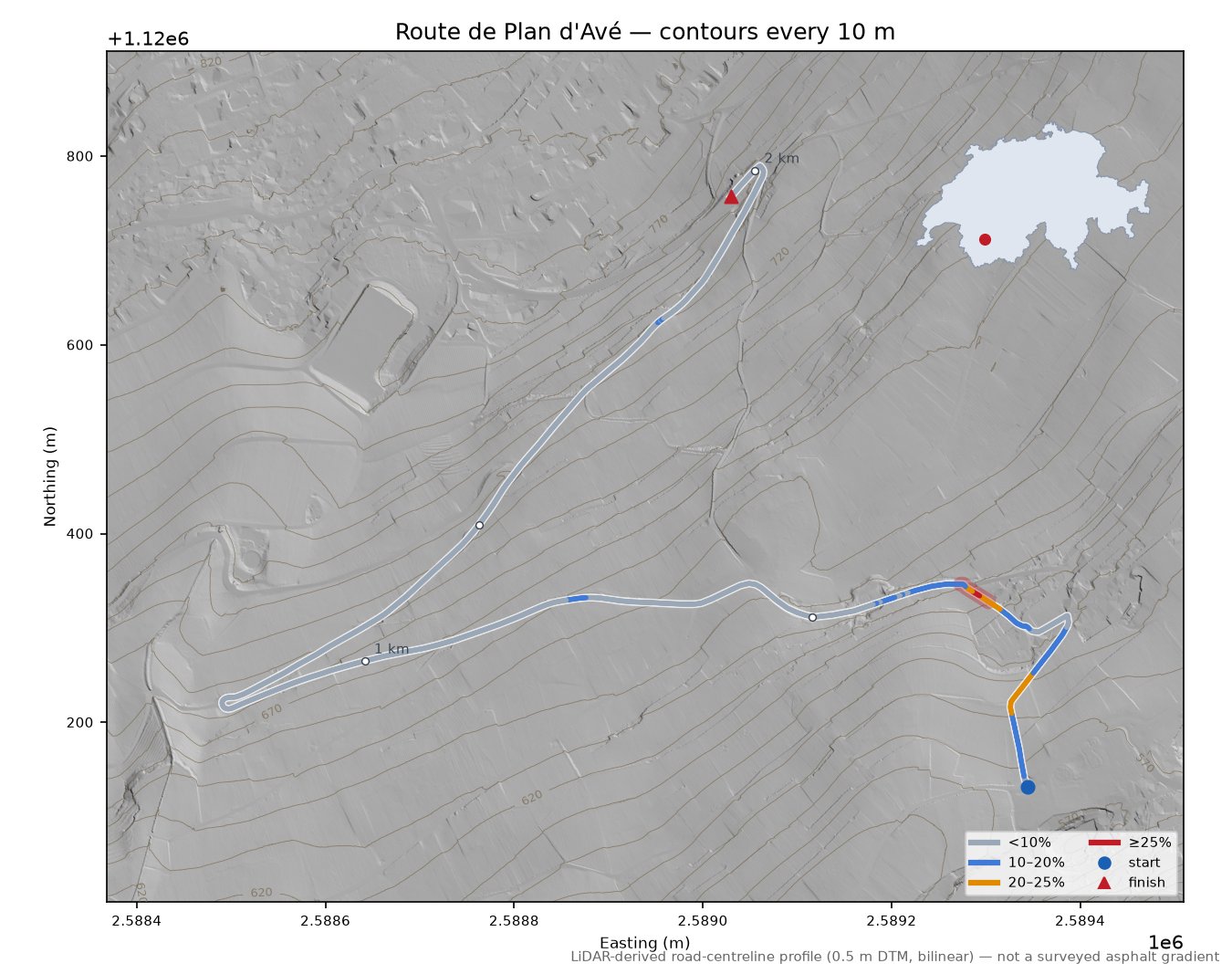 Route de Plan d'Avé LiDAR hillshade map with contours