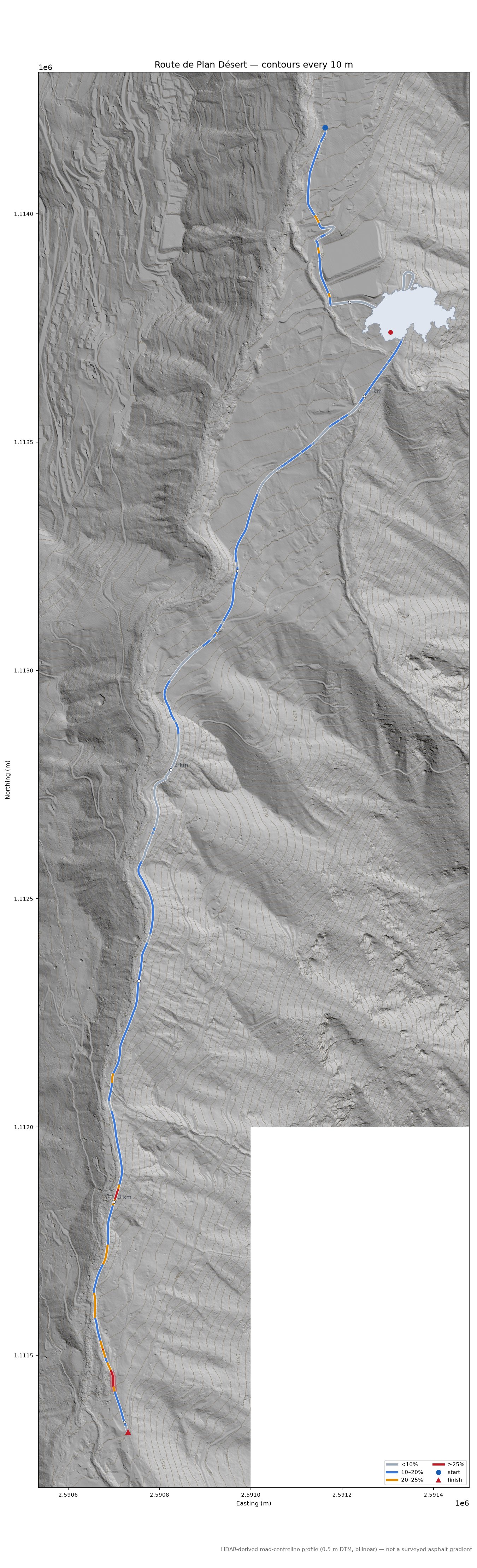Route de Plan Désert LiDAR hillshade map with contours