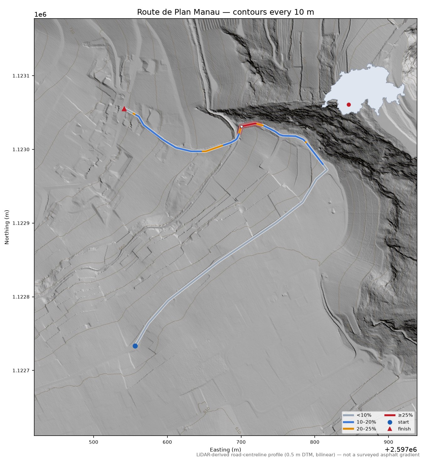 Route de Plan Manau LiDAR hillshade map with contours
