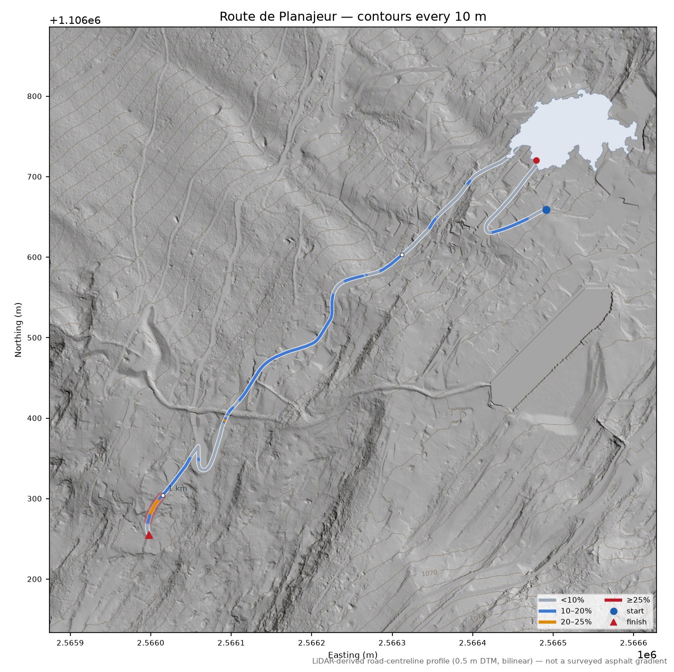 Route de Planajeur LiDAR hillshade map with contours