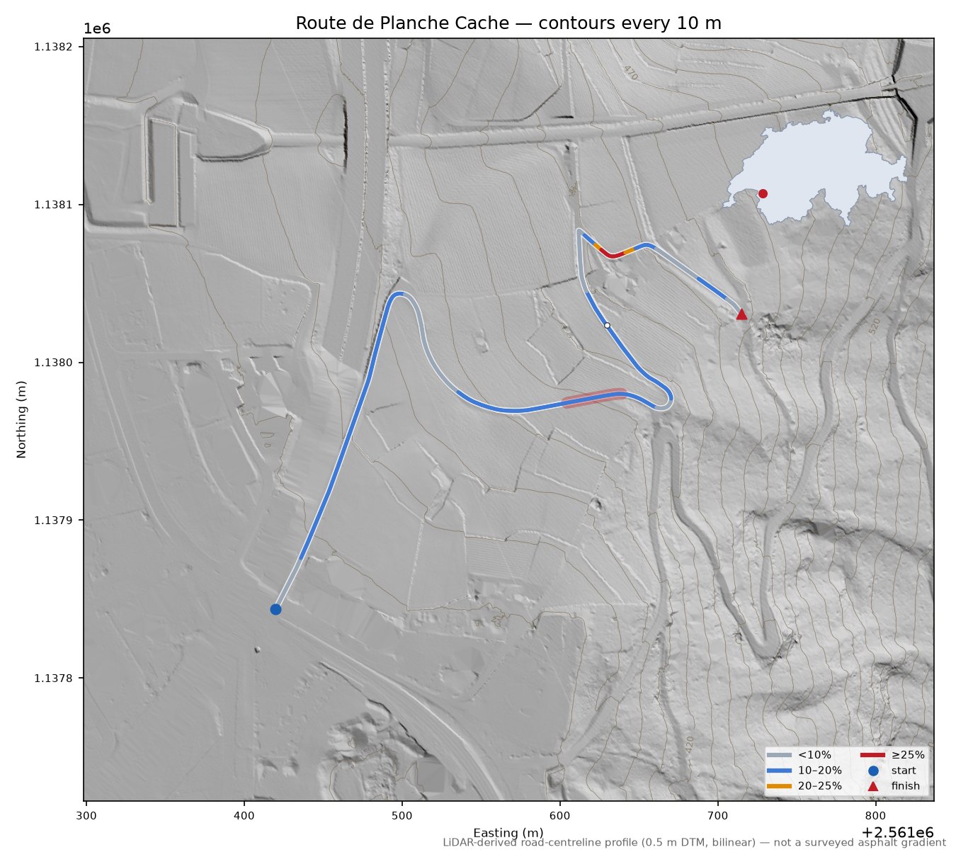 Route de Planche Cache LiDAR hillshade map with contours