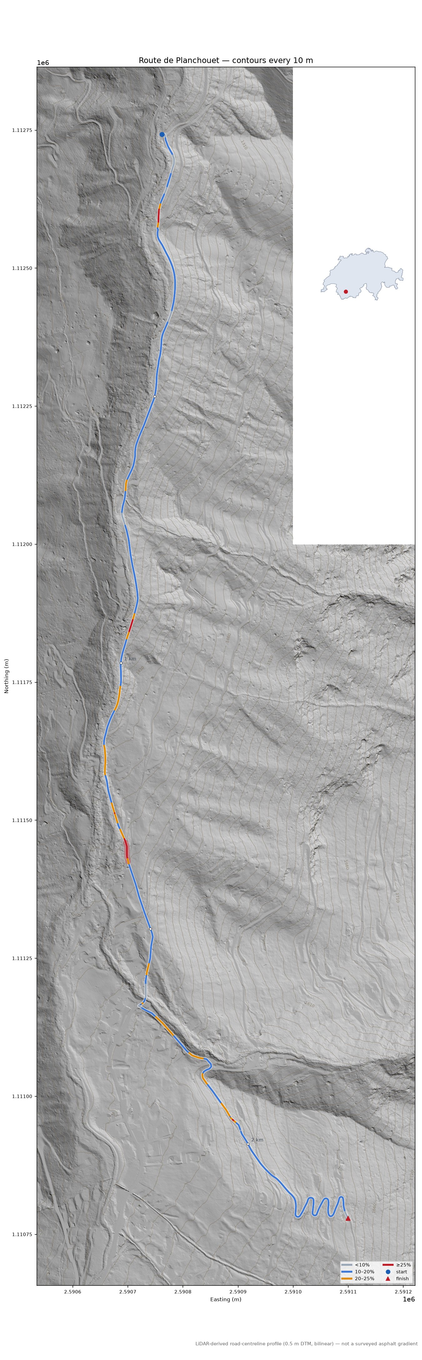 Route de Planchouet LiDAR hillshade map with contours