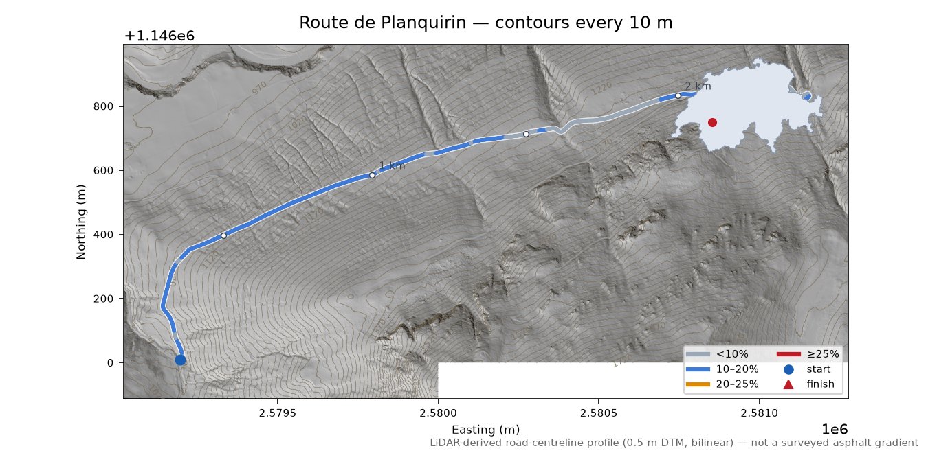 Route de Planquirin LiDAR hillshade map with contours
