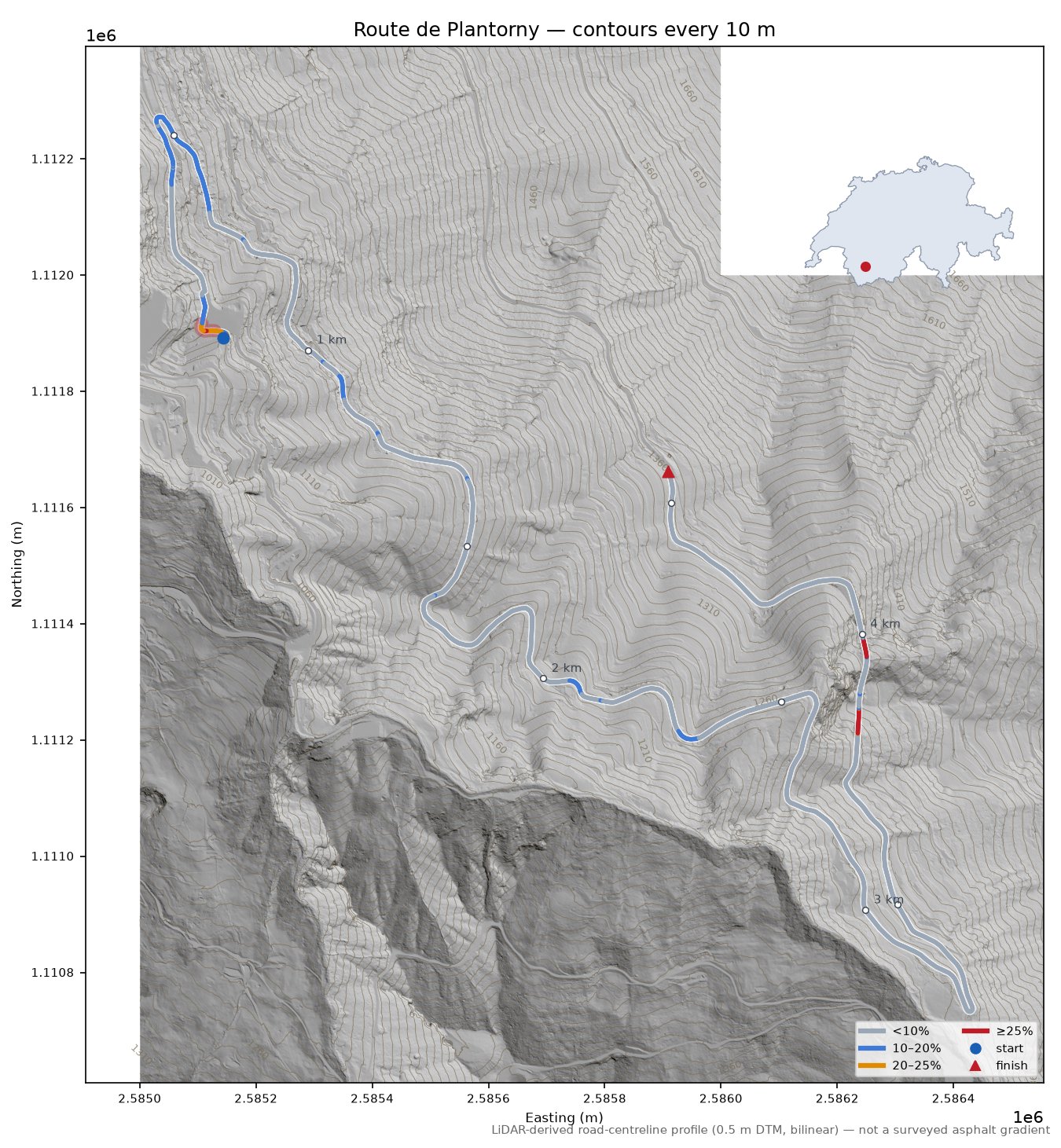 Route de Plantorny LiDAR hillshade map with contours