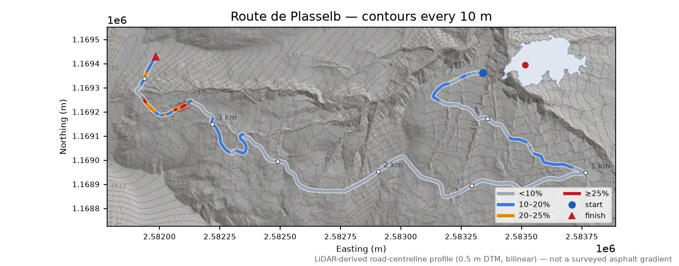 Route de Plasselb LiDAR hillshade map with contours