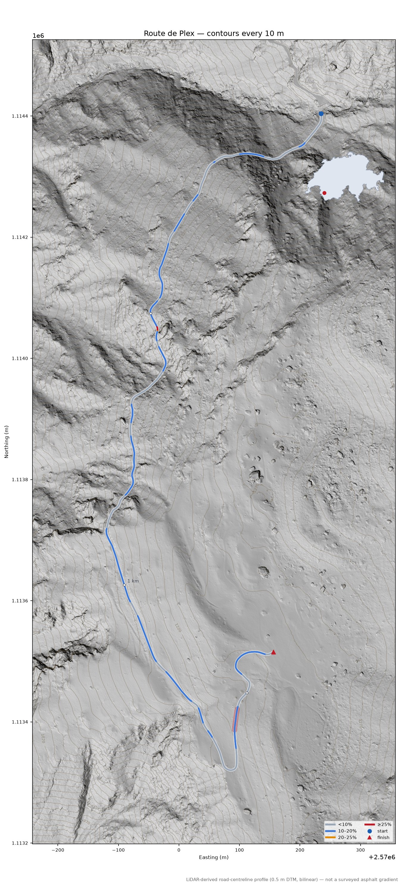 Route de Plex LiDAR hillshade map with contours
