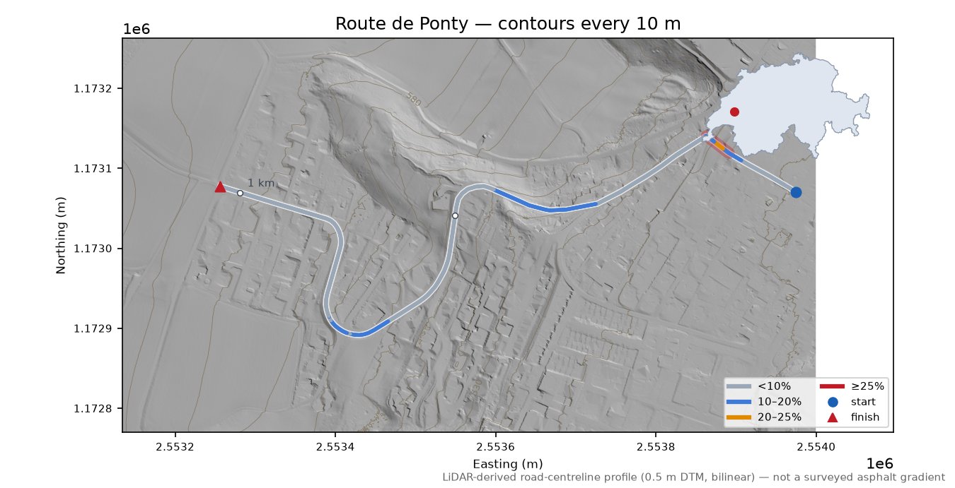 Route de Ponty LiDAR hillshade map with contours