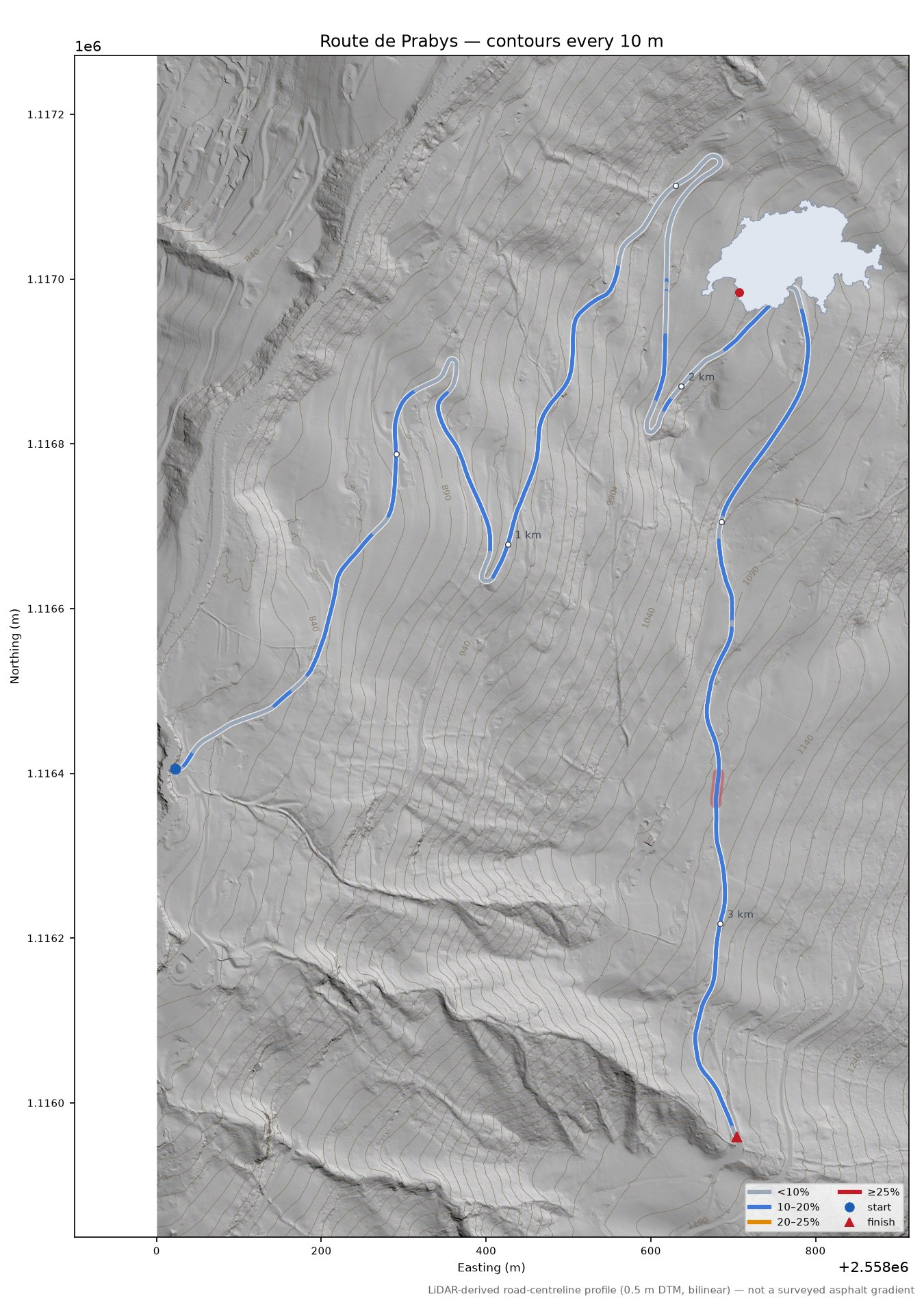 Route de Prabys LiDAR hillshade map with contours
