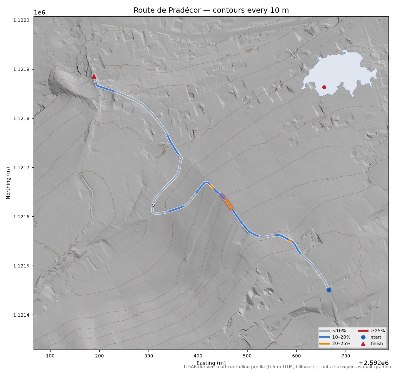 Route de Pradécor LiDAR hillshade map with contours