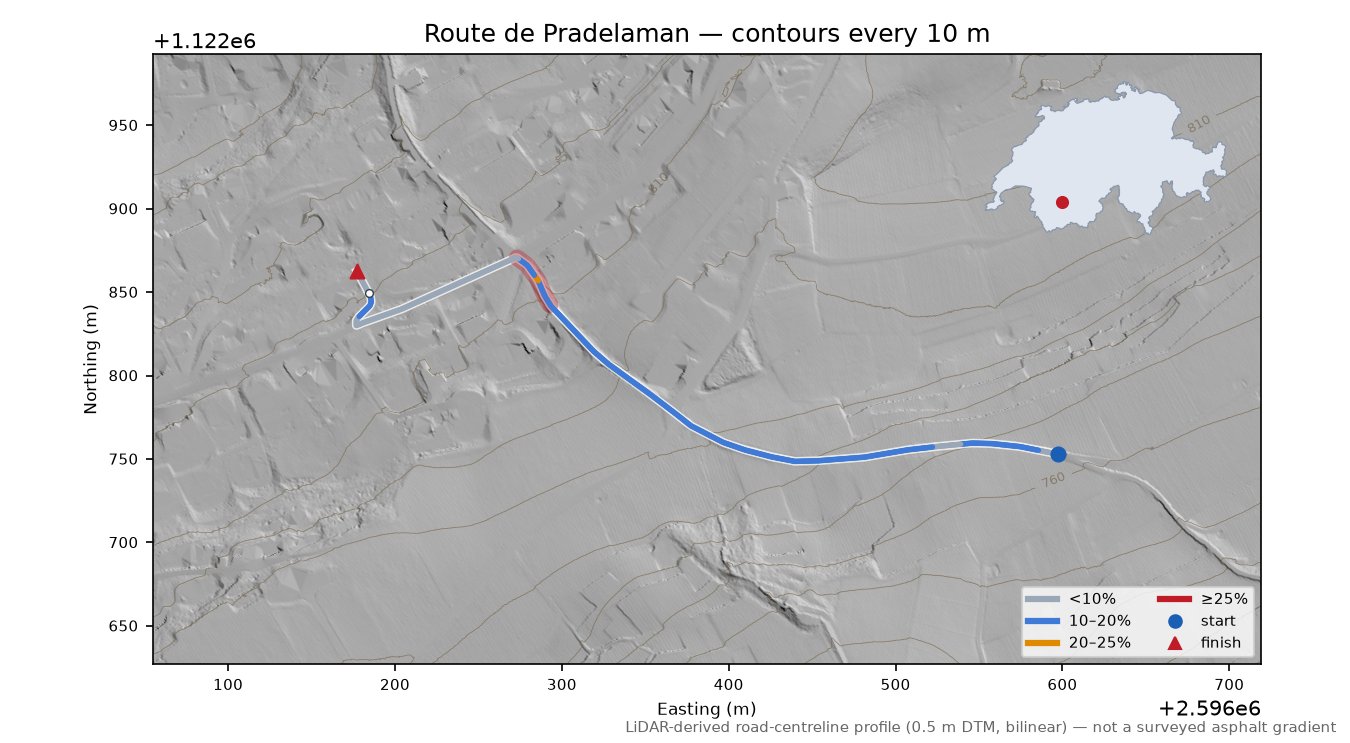 Route de Pradelaman LiDAR hillshade map with contours