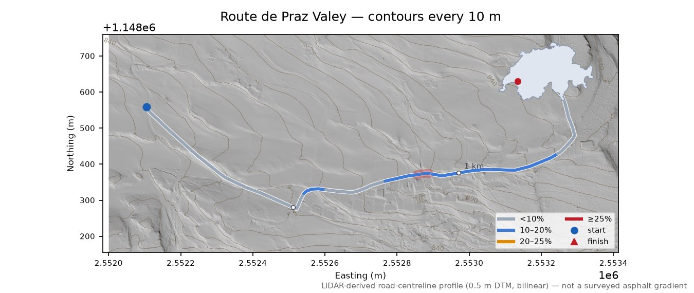 Route de Praz Valey LiDAR hillshade map with contours
