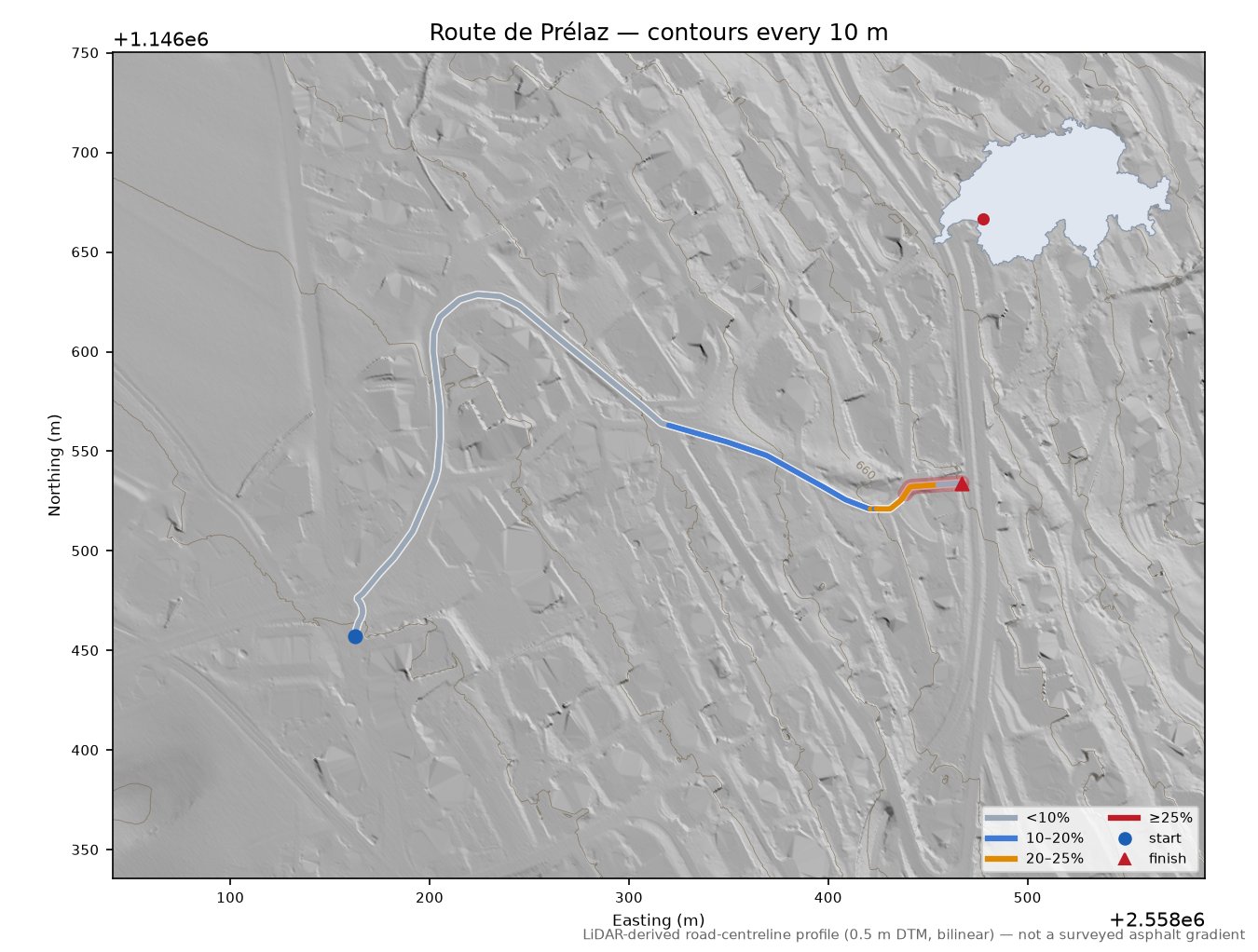 Route de Prélaz LiDAR hillshade map with contours