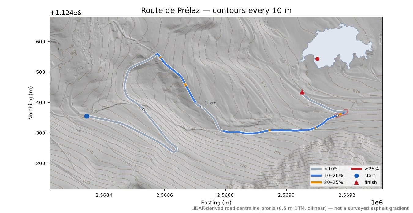 Route de Prélaz LiDAR hillshade map with contours