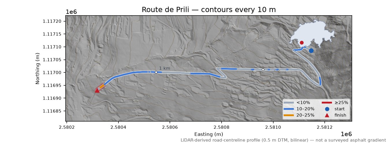 Route de Prili LiDAR hillshade map with contours