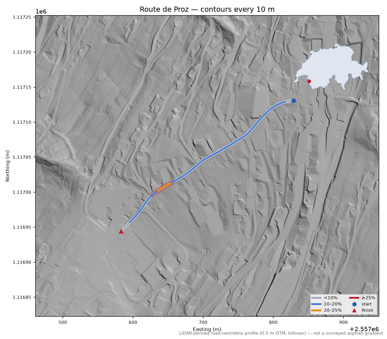 Route de Proz LiDAR hillshade map with contours