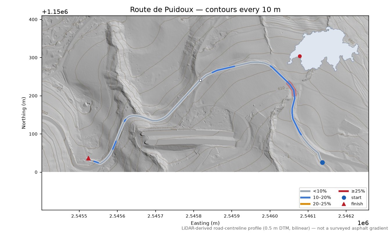 Route de Puidoux LiDAR hillshade map with contours