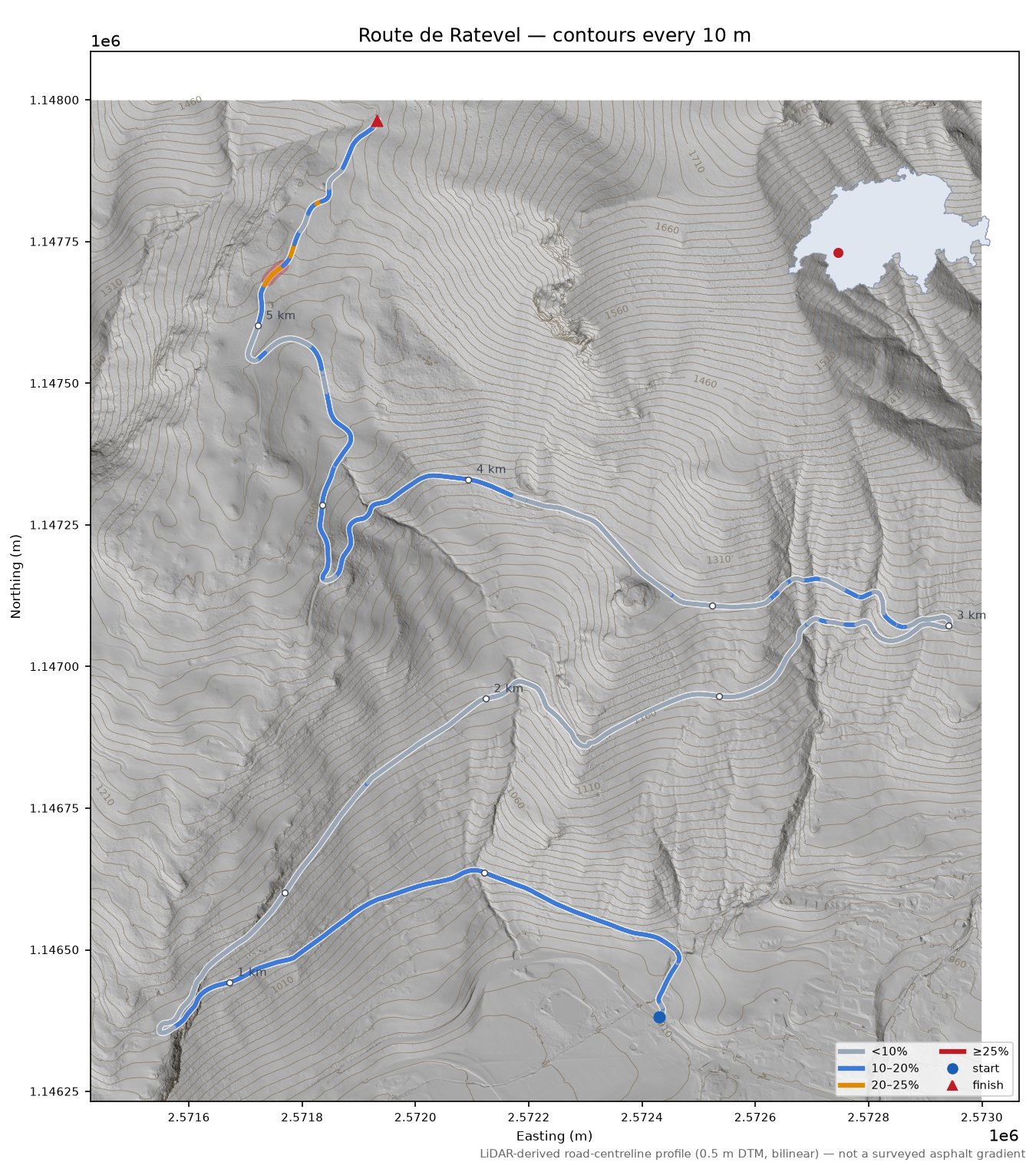 Route de Ratevel LiDAR hillshade map with contours
