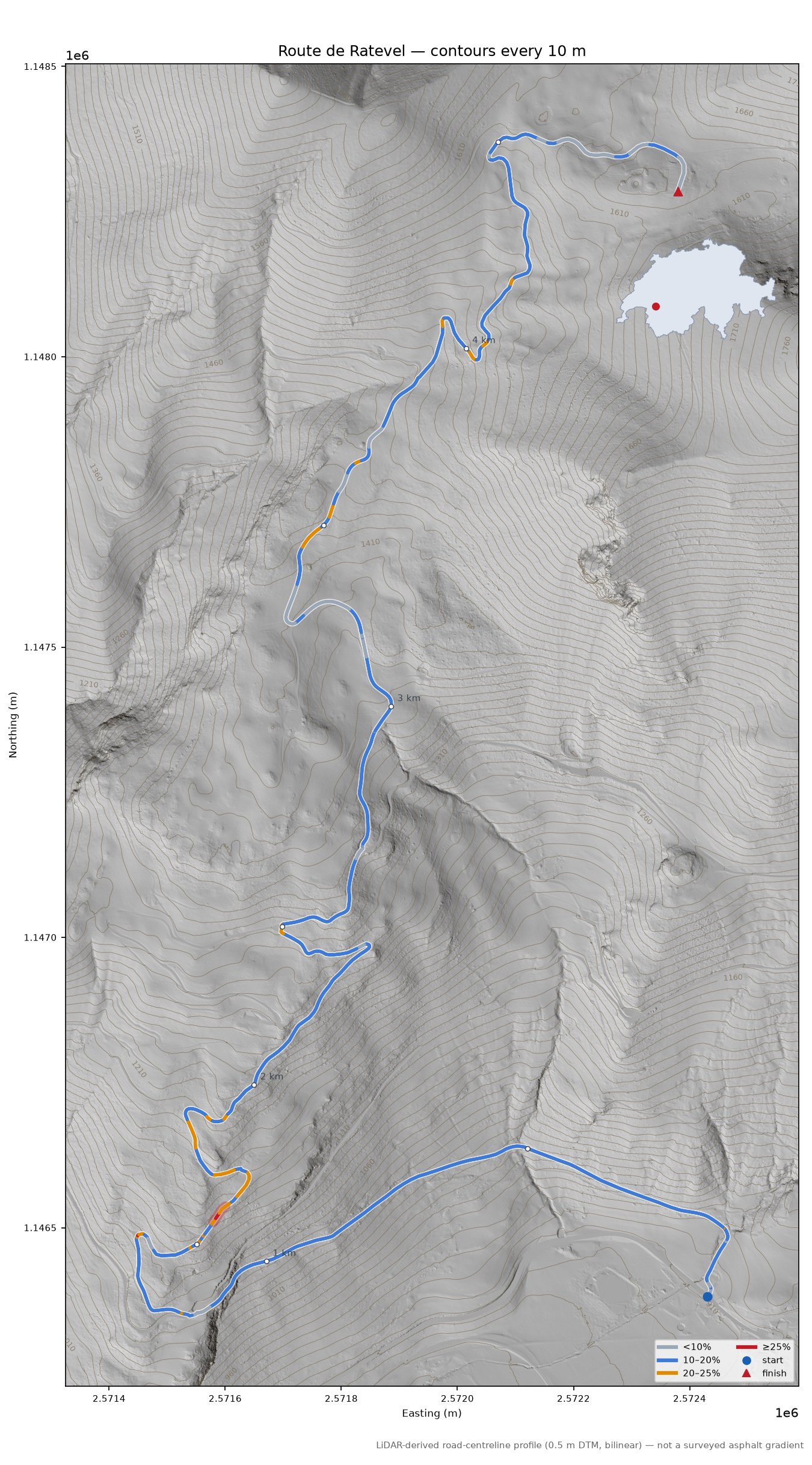 Route de Ratevel LiDAR hillshade map with contours