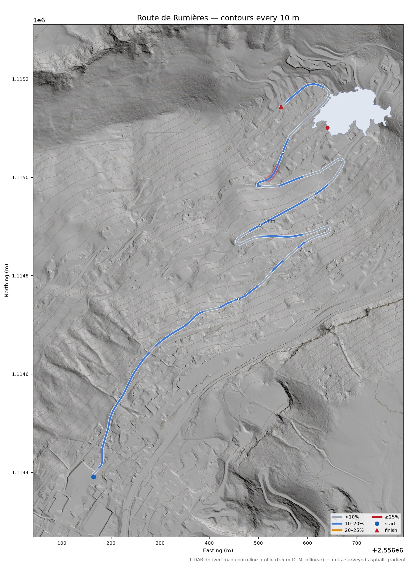 Route de Rumières LiDAR hillshade map with contours