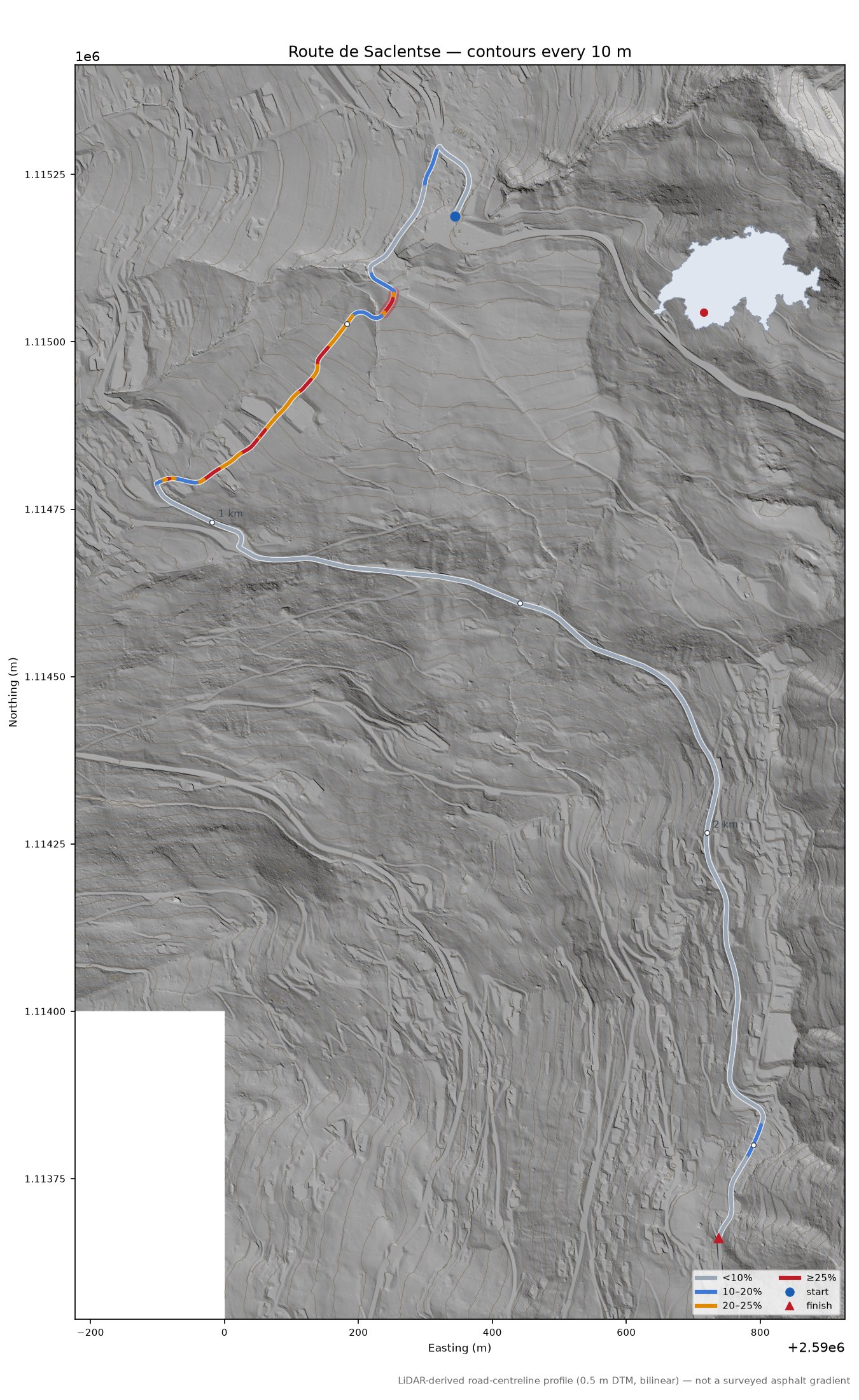 Route de Saclentse LiDAR hillshade map with contours