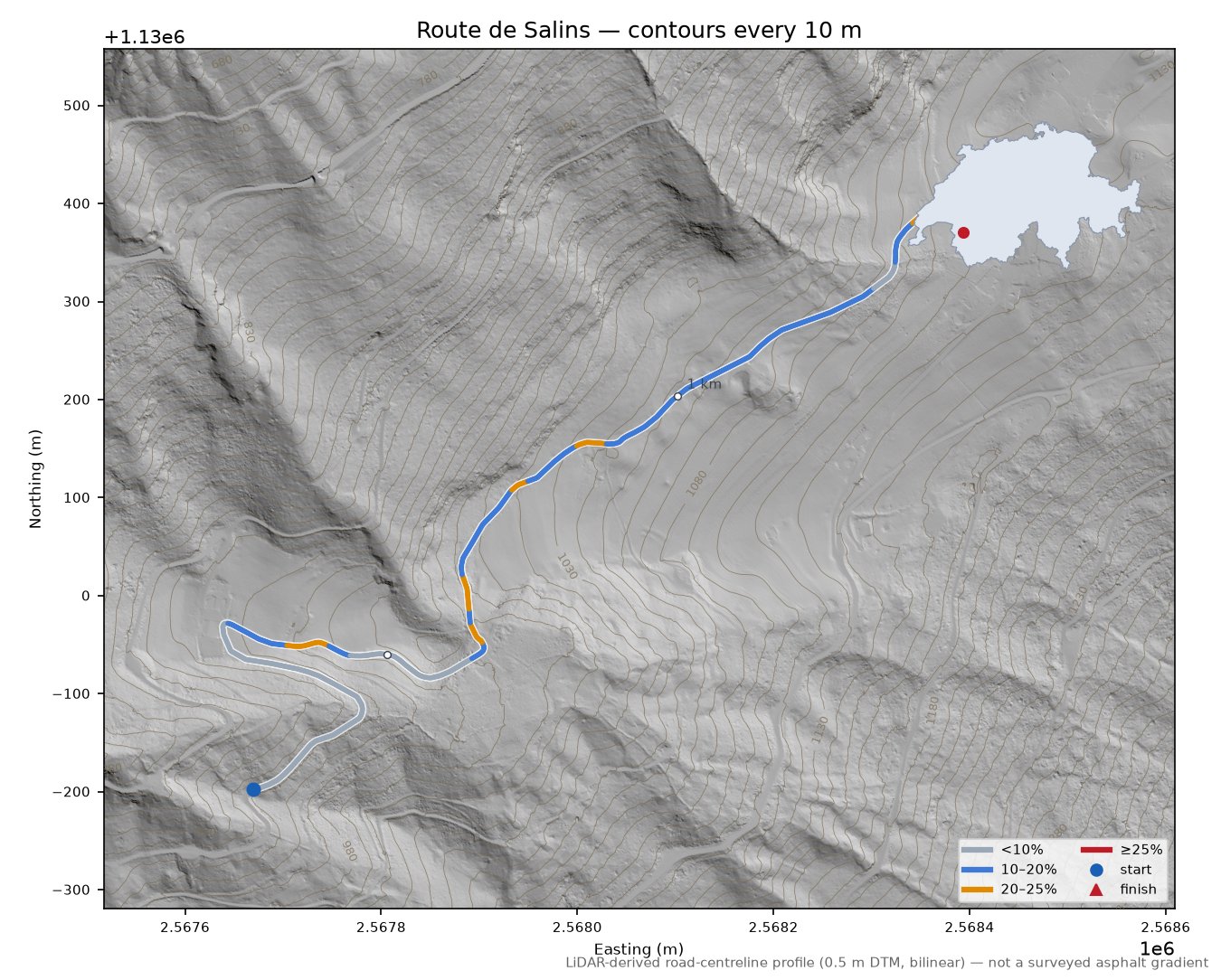 Route de Salins LiDAR hillshade map with contours