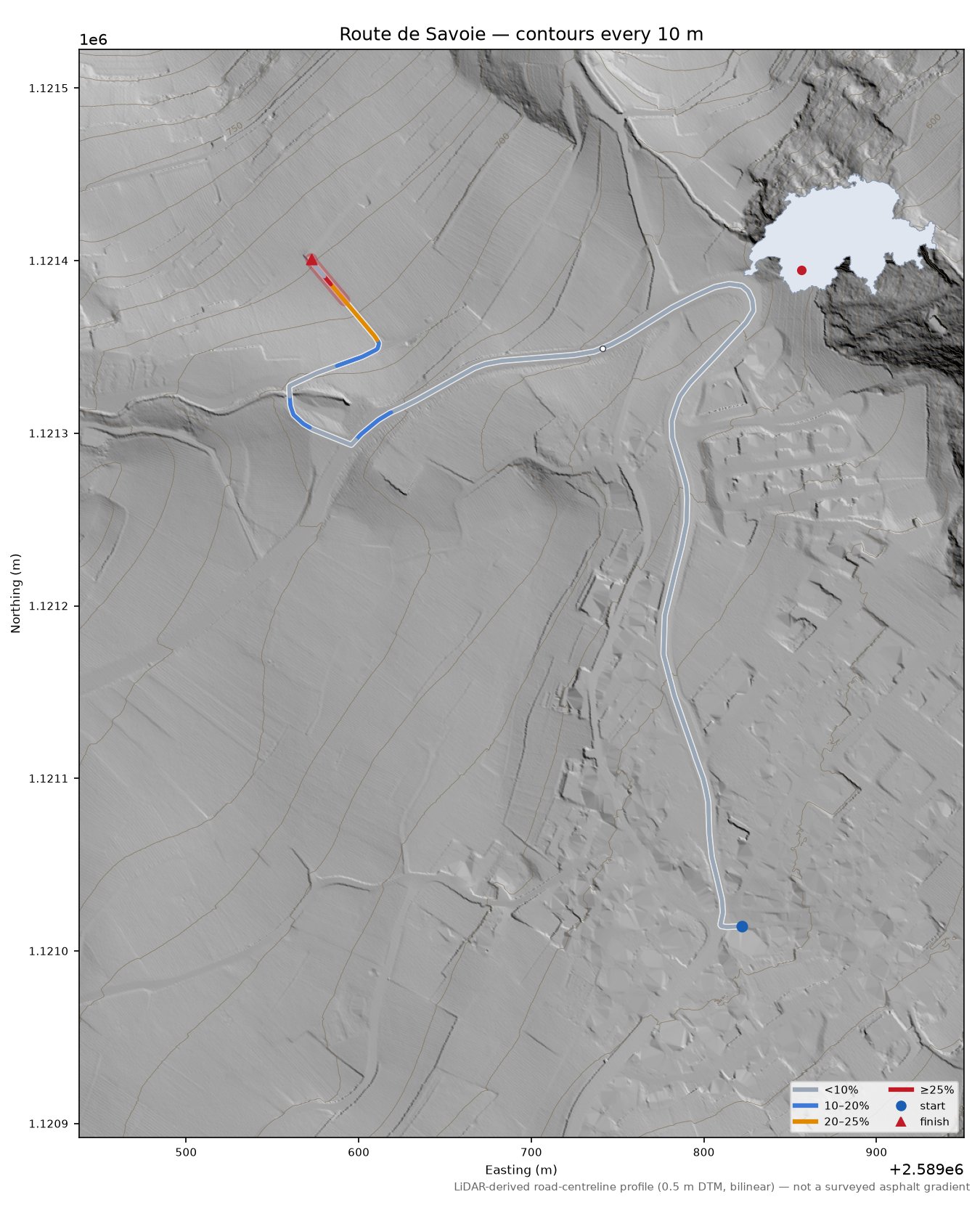 Route de Savoie LiDAR hillshade map with contours