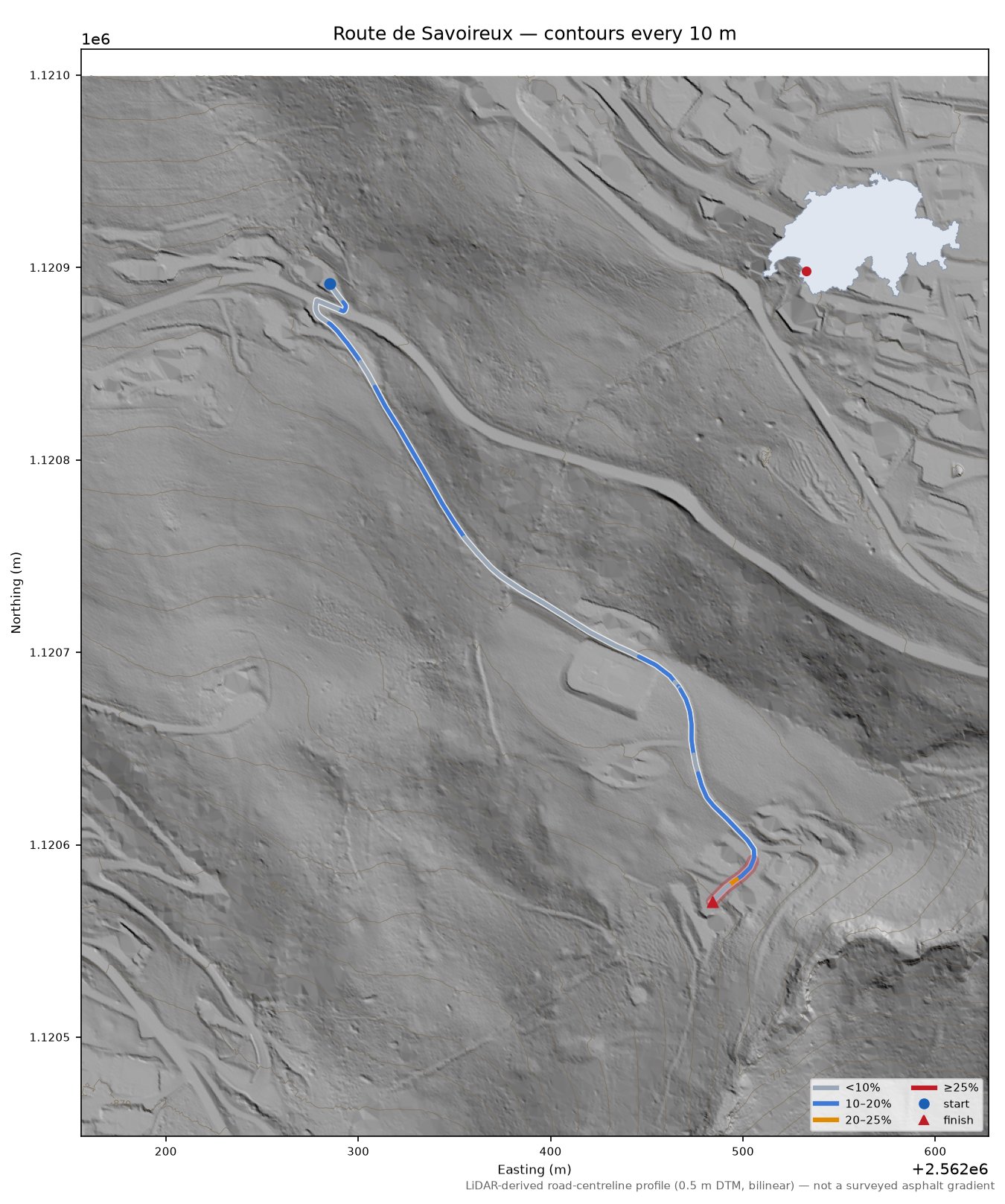 Route de Savoireux LiDAR hillshade map with contours