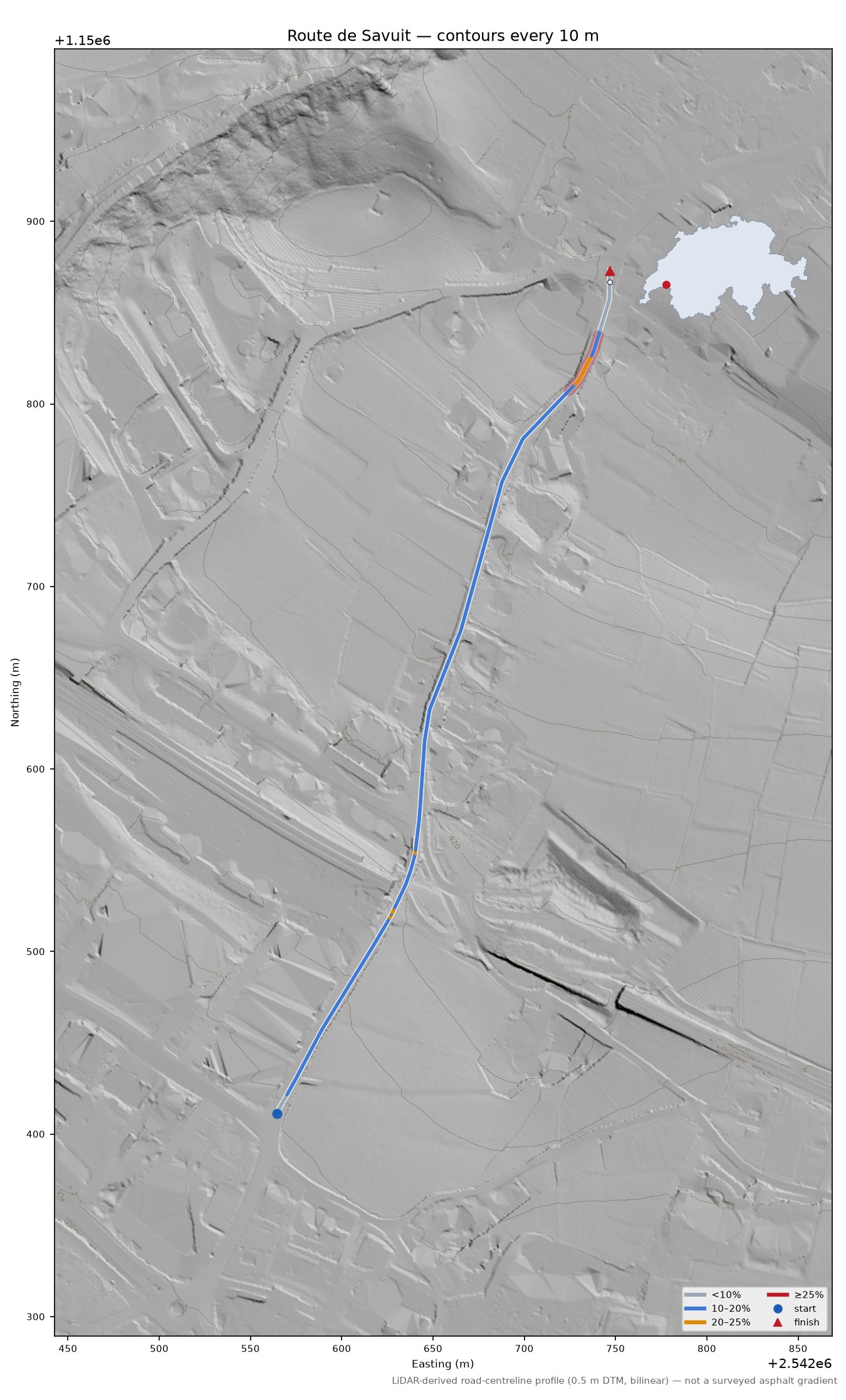 Route de Savuit LiDAR hillshade map with contours