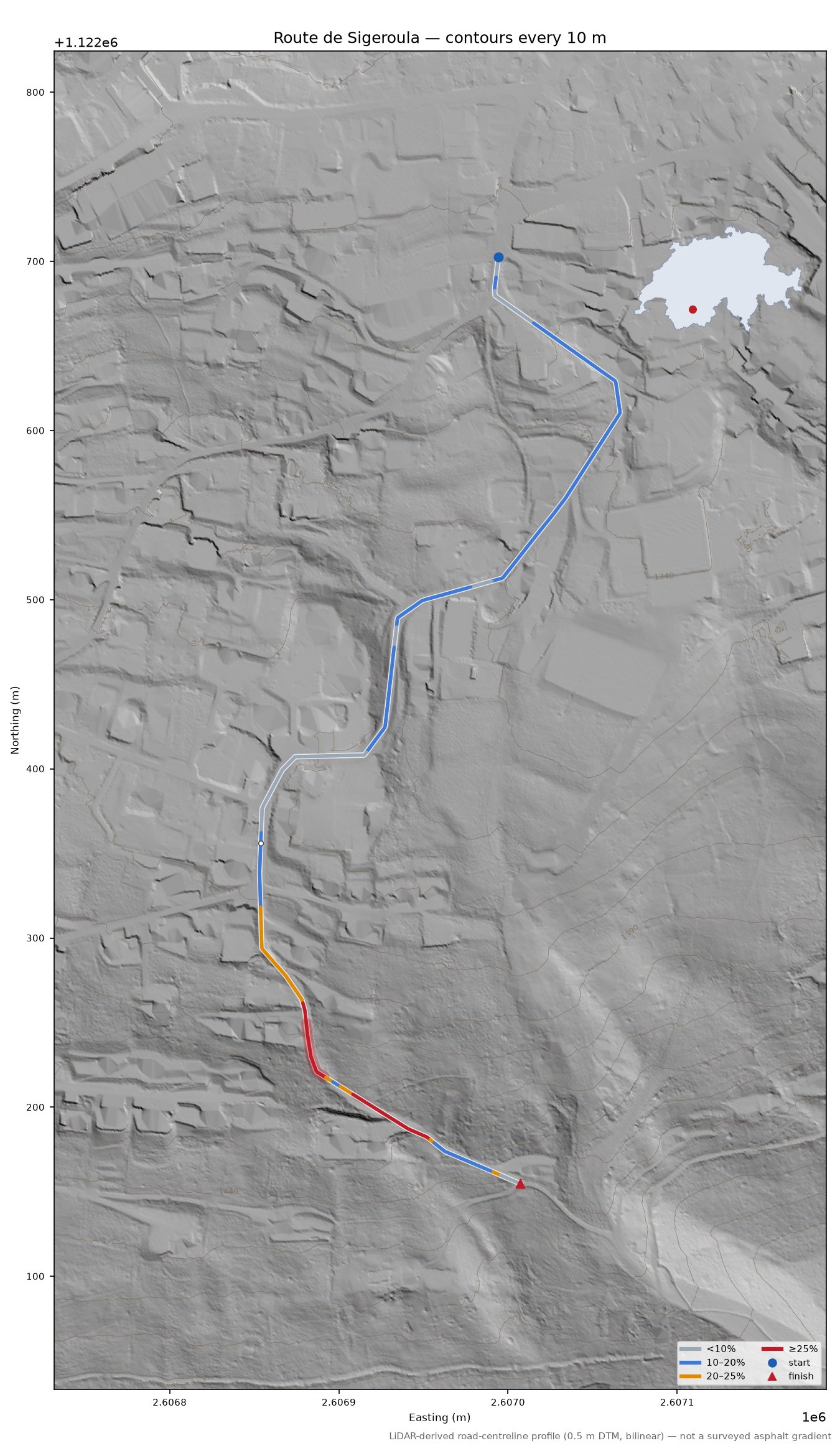 Route de Sigeroula LiDAR hillshade map with contours