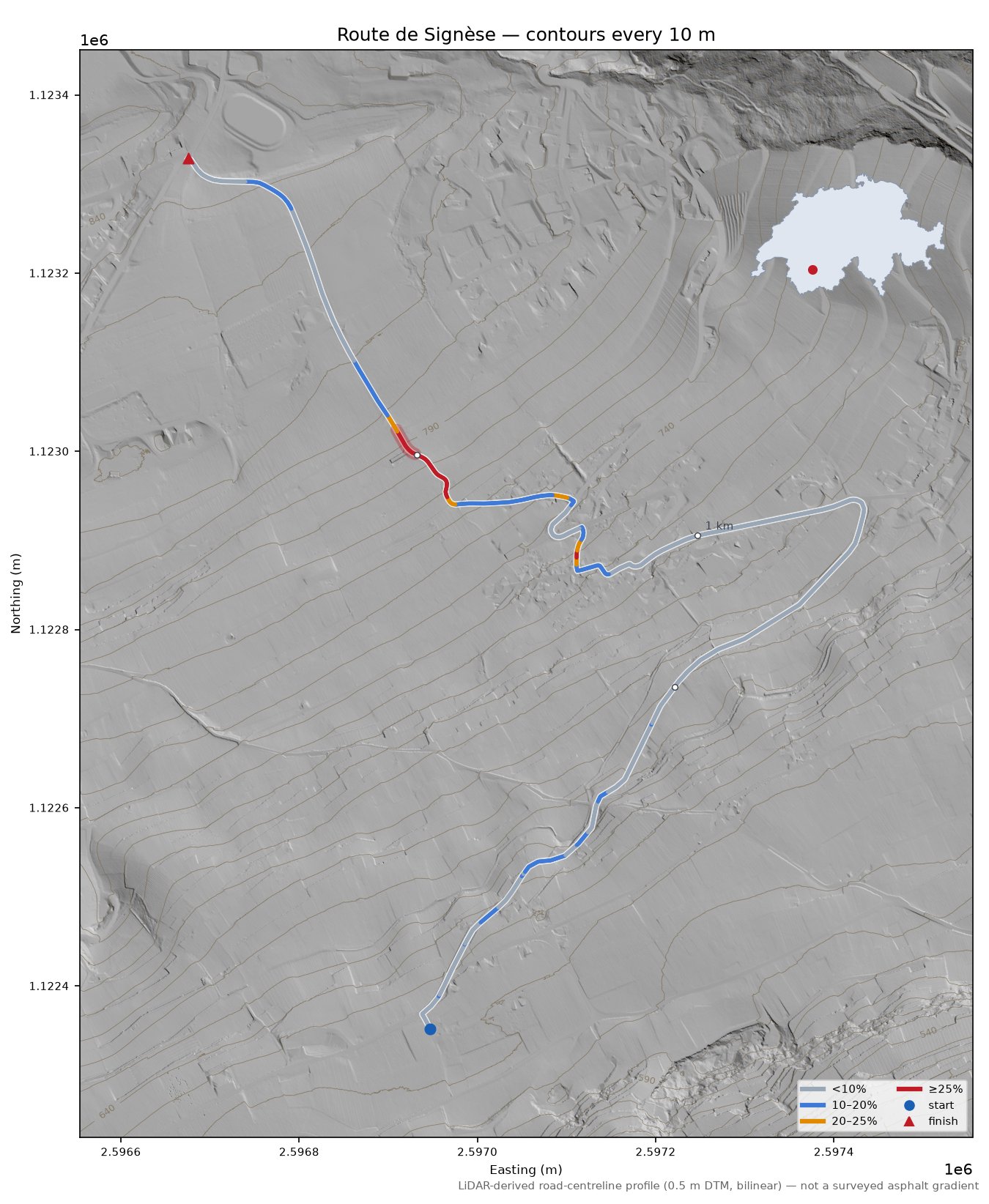 Route de Signèse LiDAR hillshade map with contours