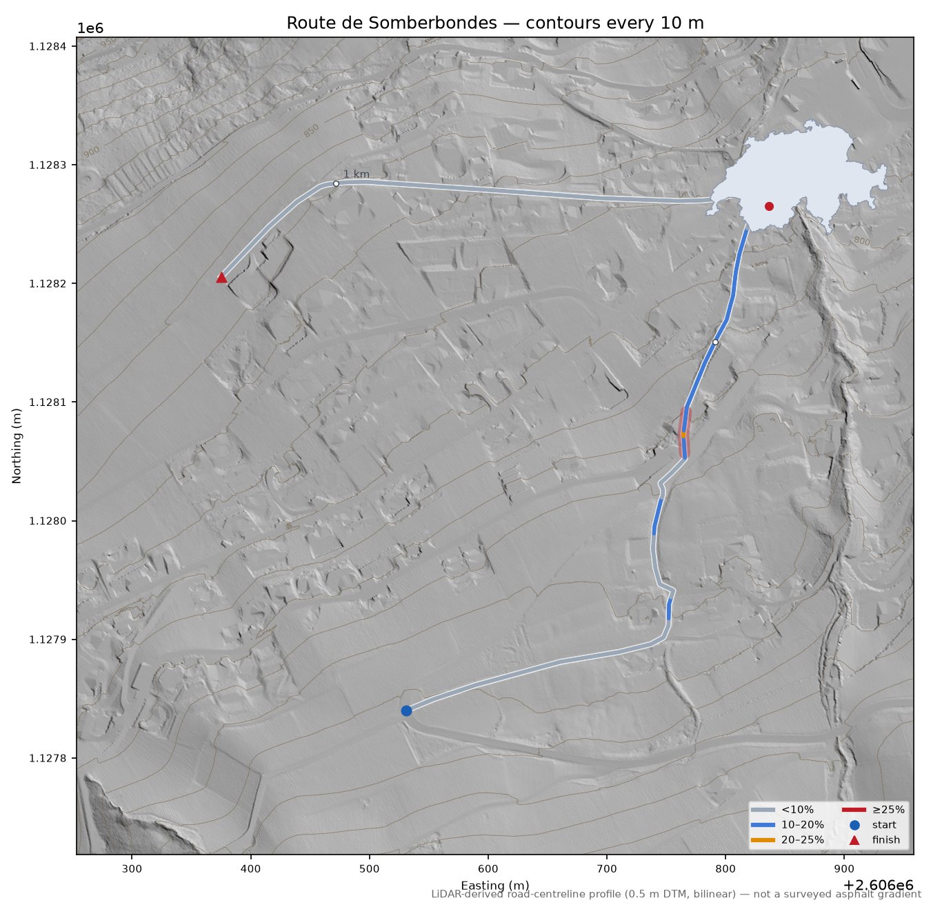 Route de Somberbondes LiDAR hillshade map with contours