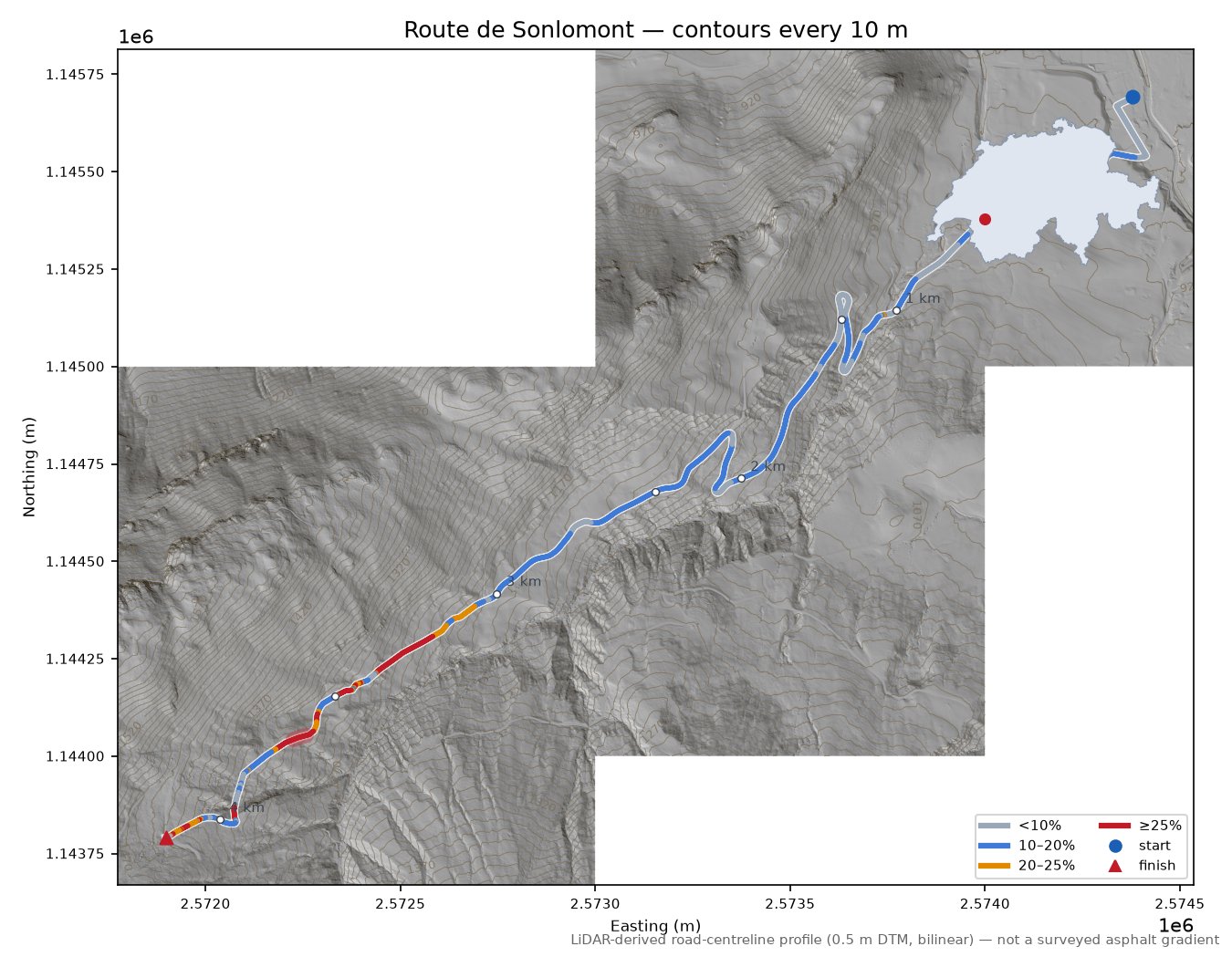 Route de Sonlomont LiDAR hillshade map with contours