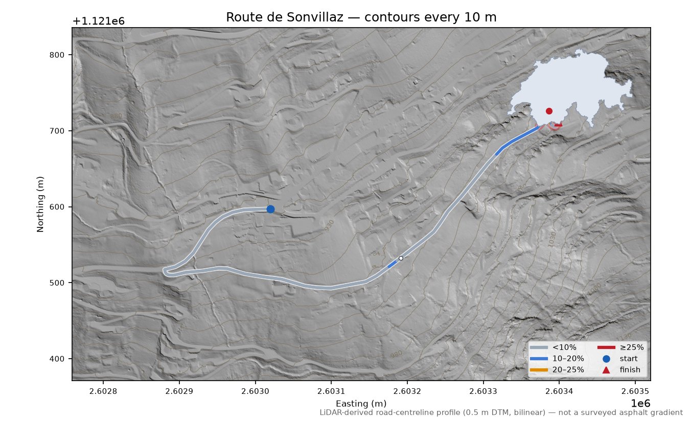 Route de Sonvillaz LiDAR hillshade map with contours
