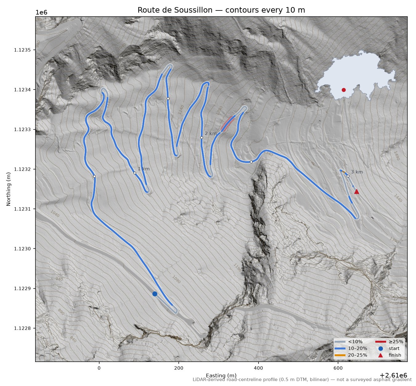 Route de Soussillon LiDAR hillshade map with contours