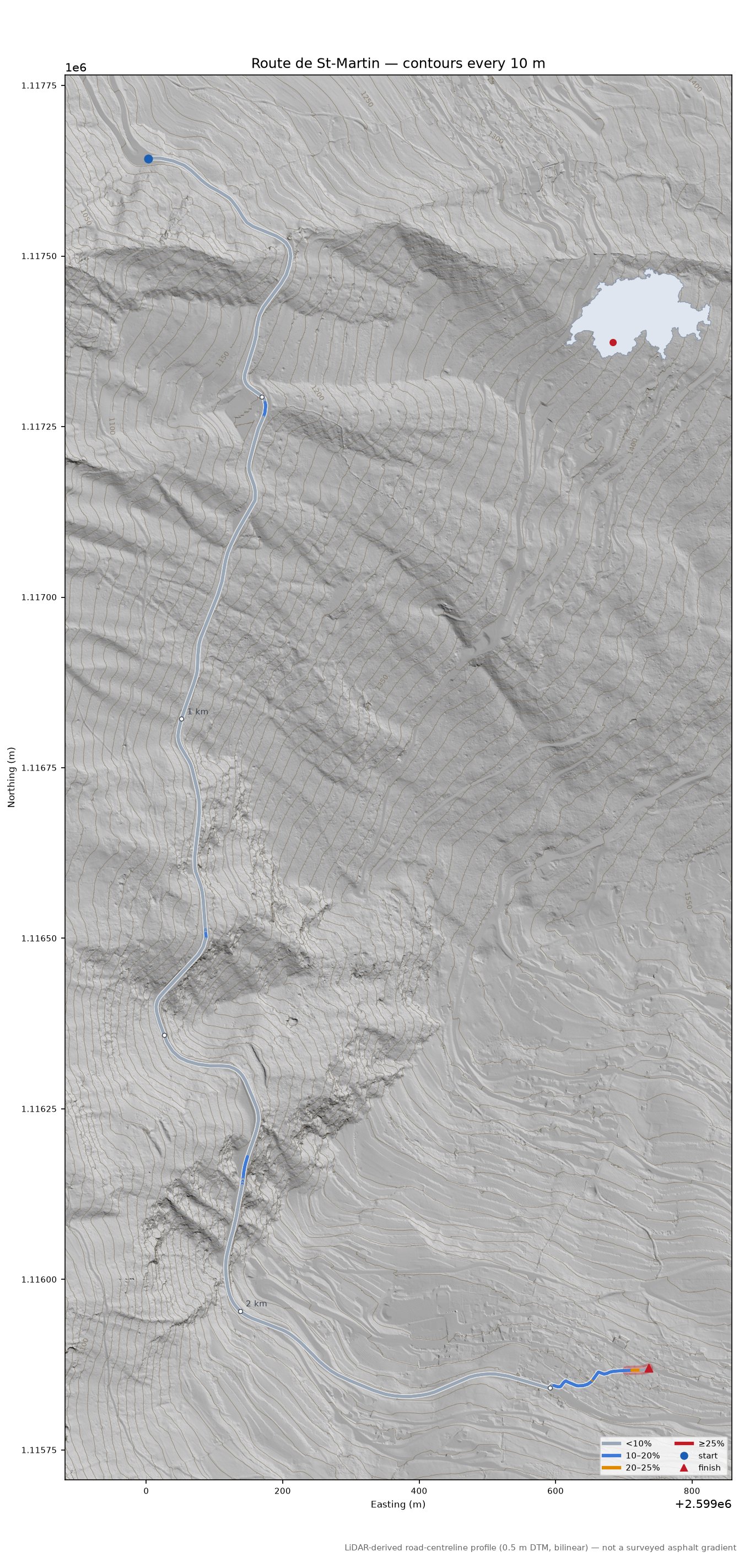 Route de St-Martin LiDAR hillshade map with contours