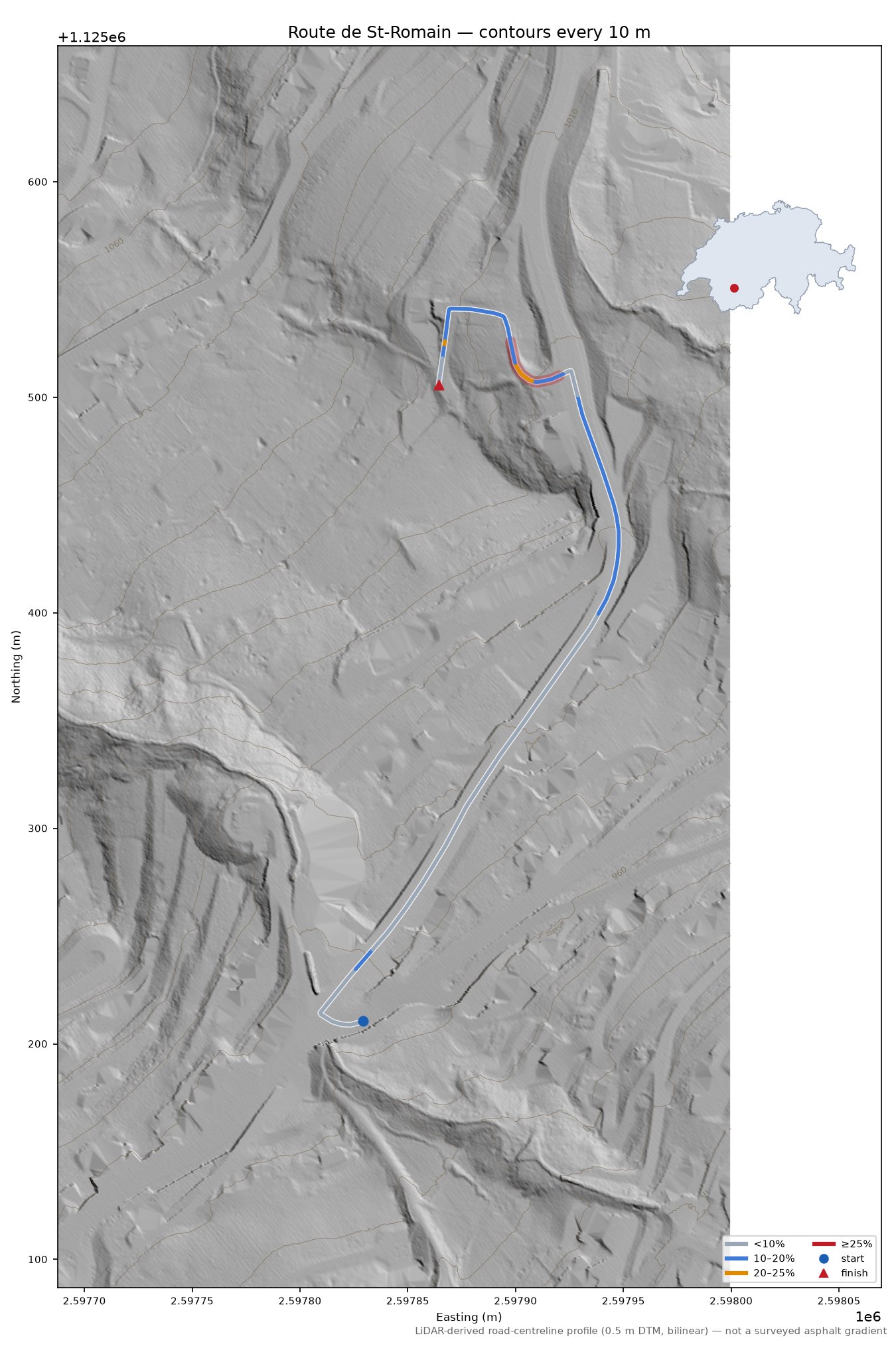 Route de St-Romain LiDAR hillshade map with contours