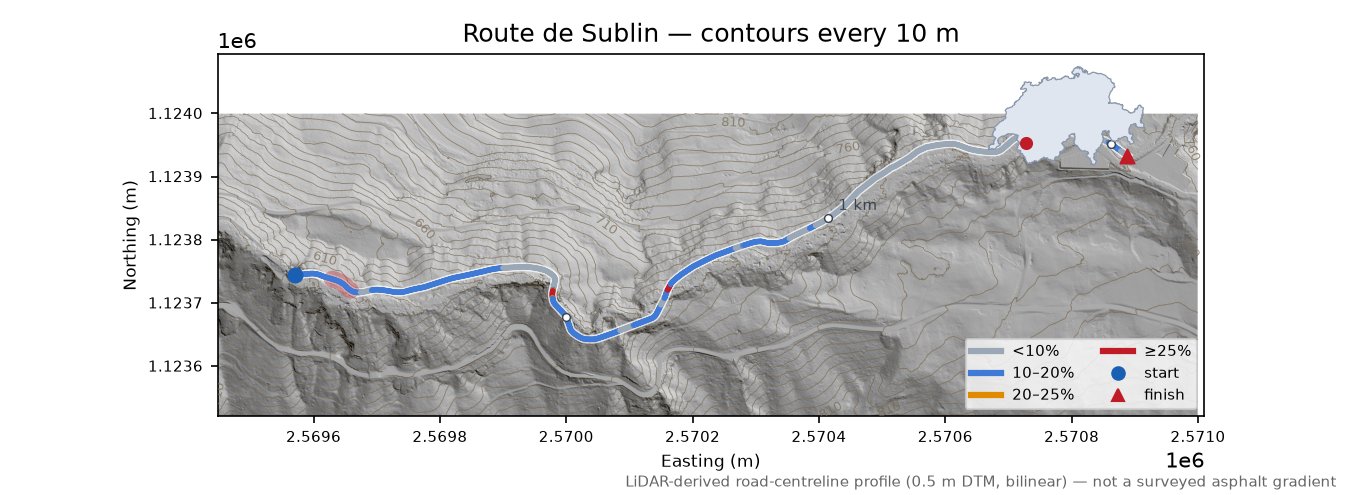 Route de Sublin LiDAR hillshade map with contours