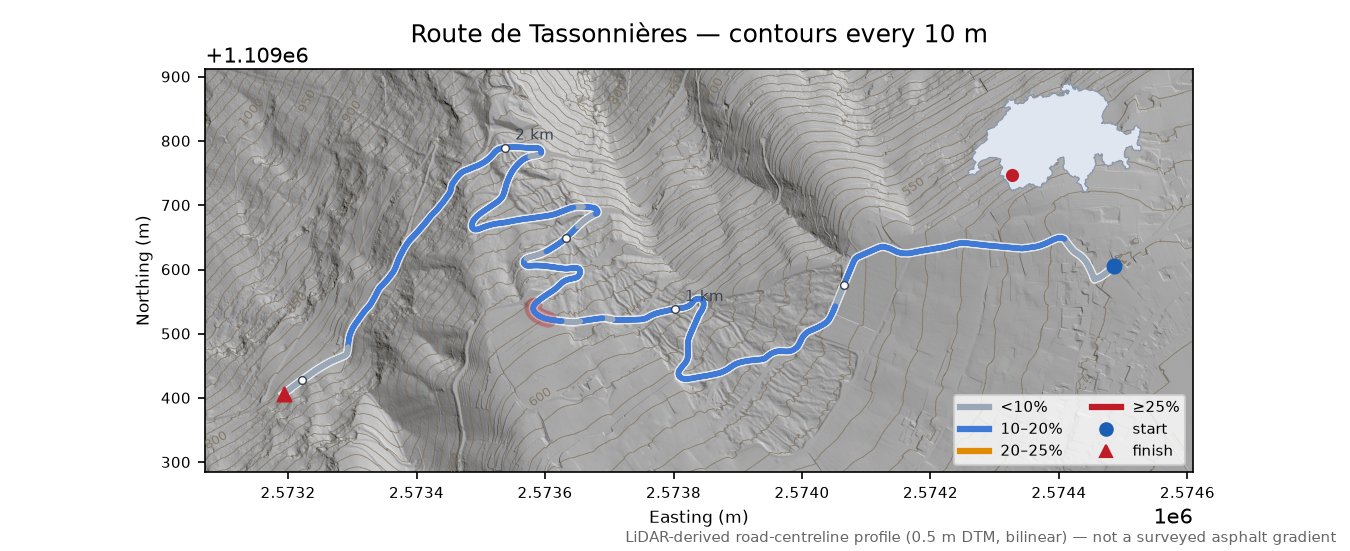 Route de Tassonnières LiDAR hillshade map with contours