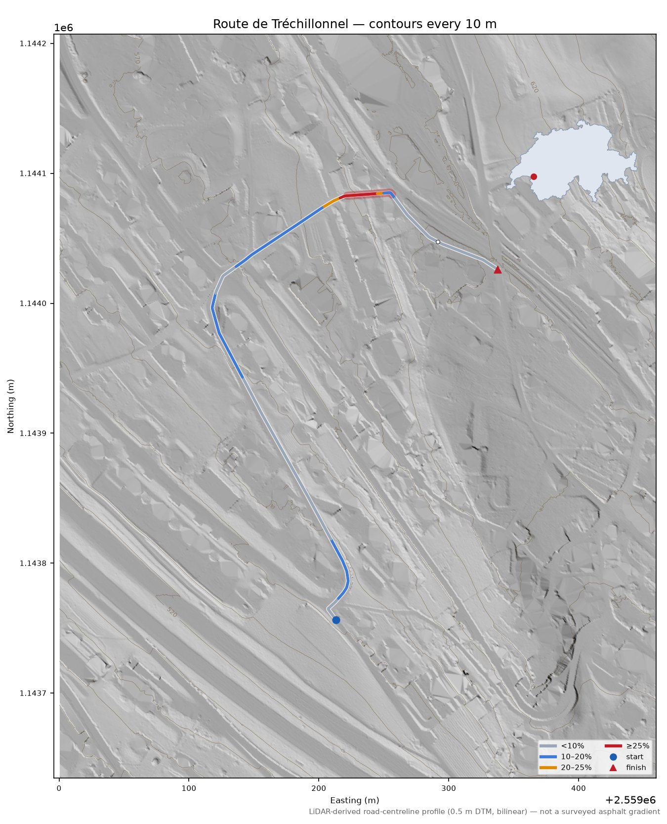 Route de Tréchillonnel LiDAR hillshade map with contours