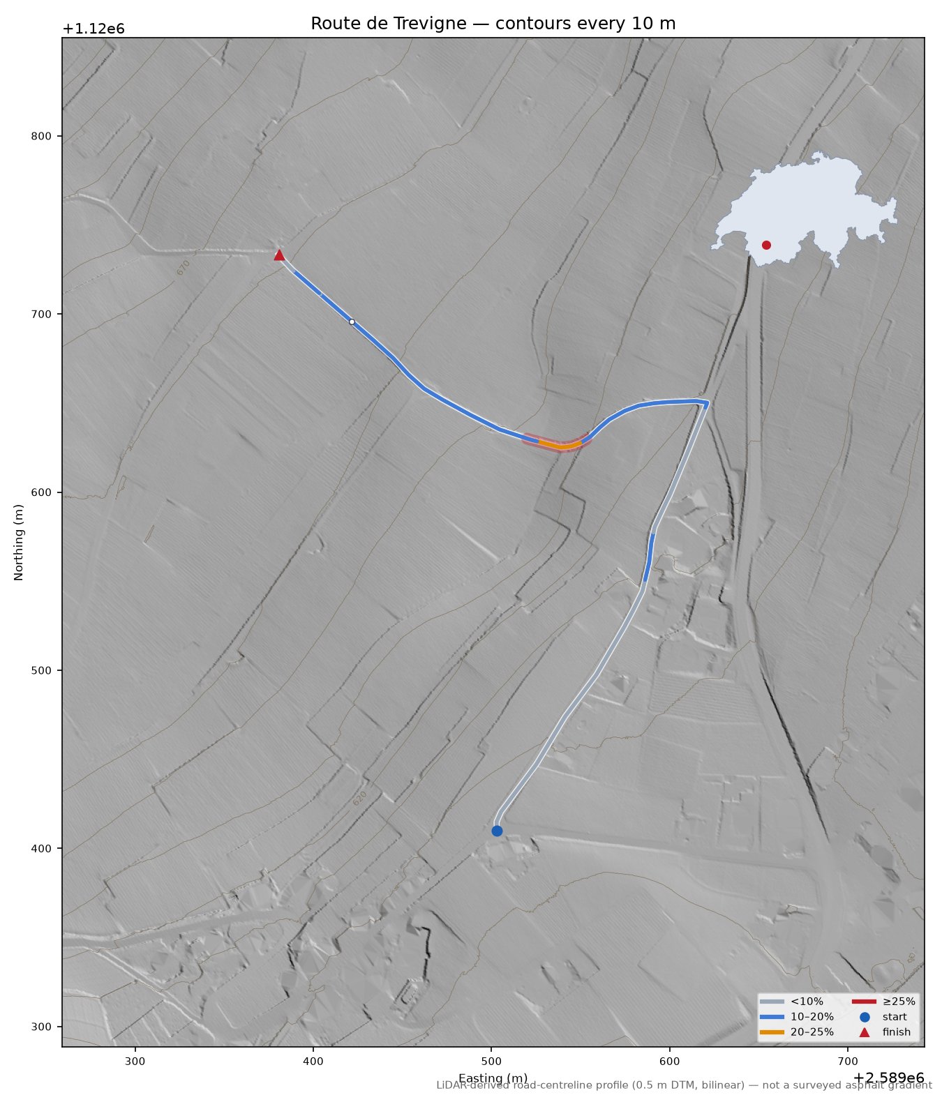 Route de Trevigne LiDAR hillshade map with contours