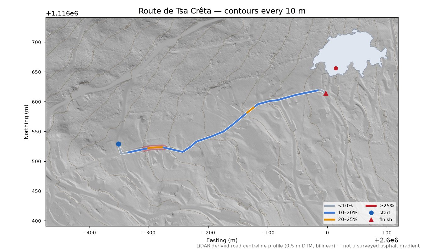 Route de Tsa Crêta LiDAR hillshade map with contours