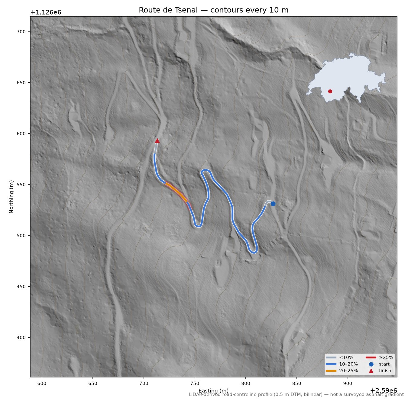 Route de Tsenal LiDAR hillshade map with contours
