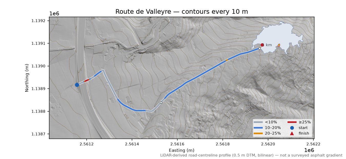 Route de Valleyre LiDAR hillshade map with contours