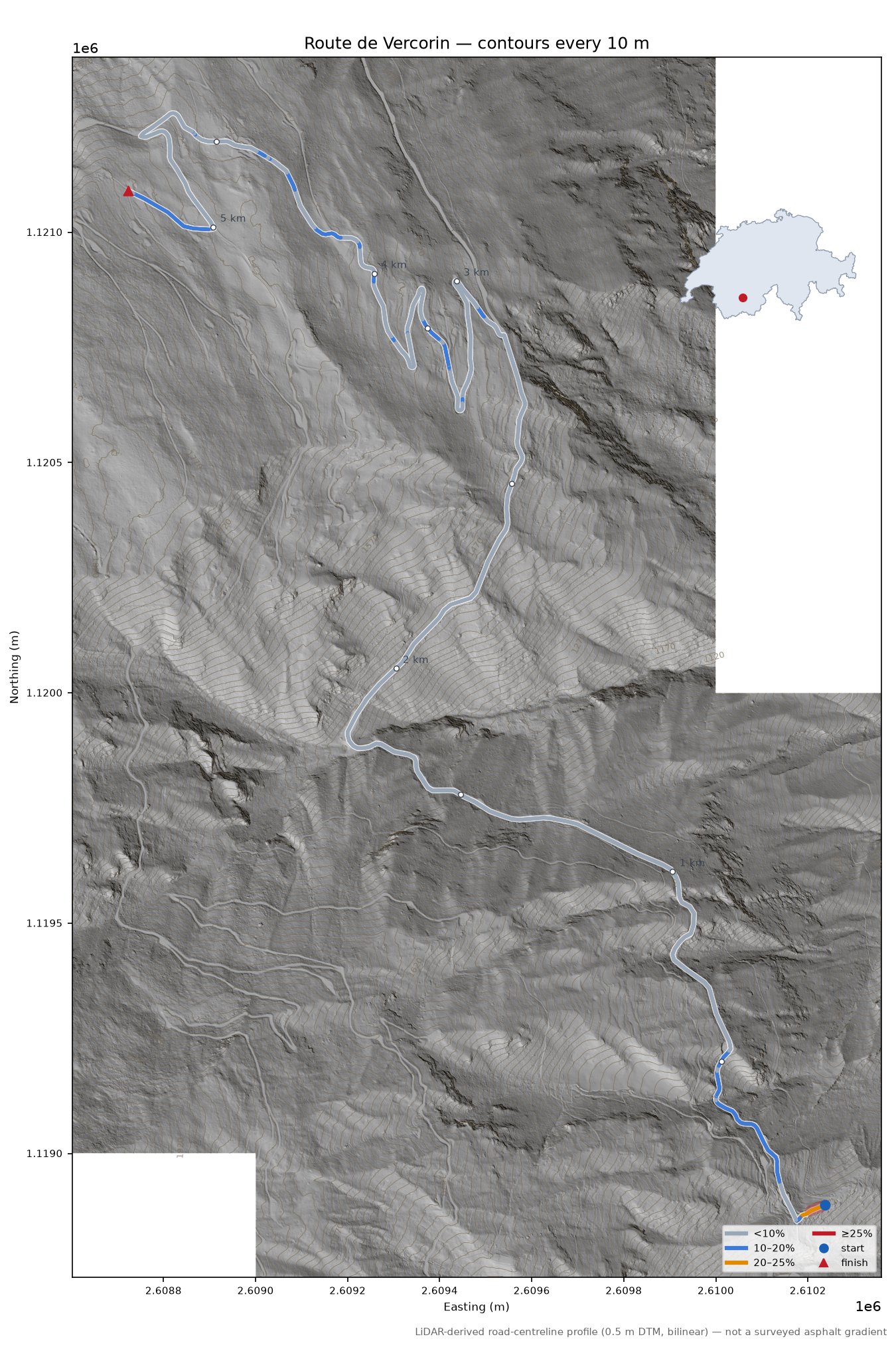Route de Vercorin LiDAR hillshade map with contours