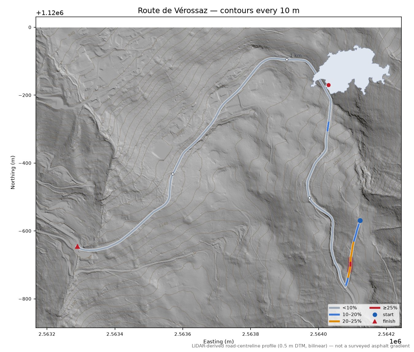 Route de Vérossaz LiDAR hillshade map with contours