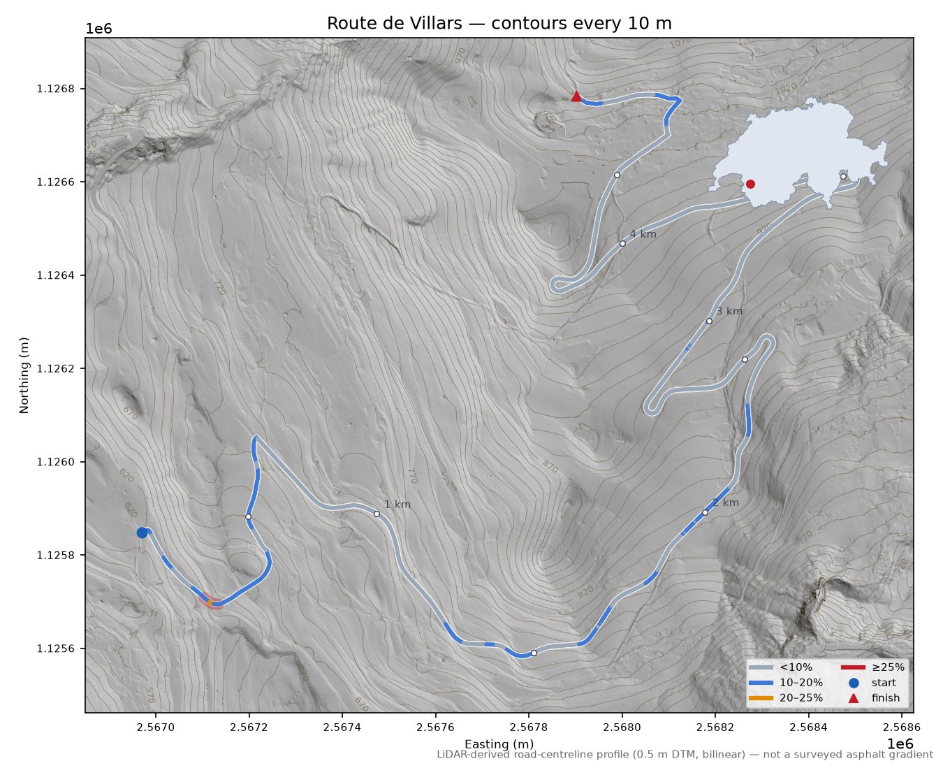 Route de Villars LiDAR hillshade map with contours