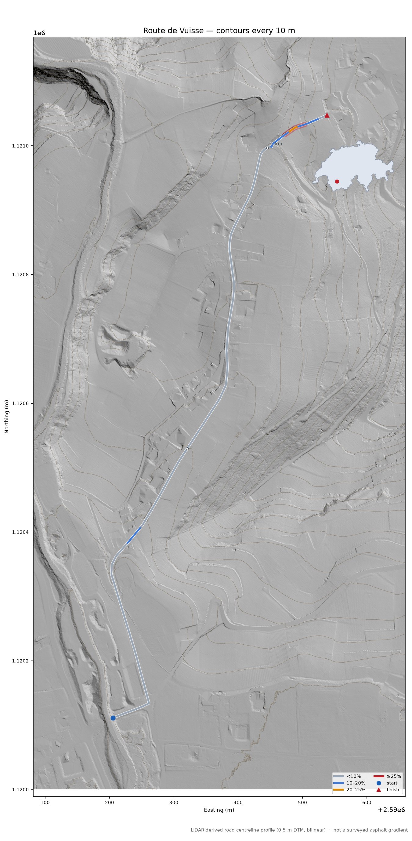 Route de Vuisse LiDAR hillshade map with contours