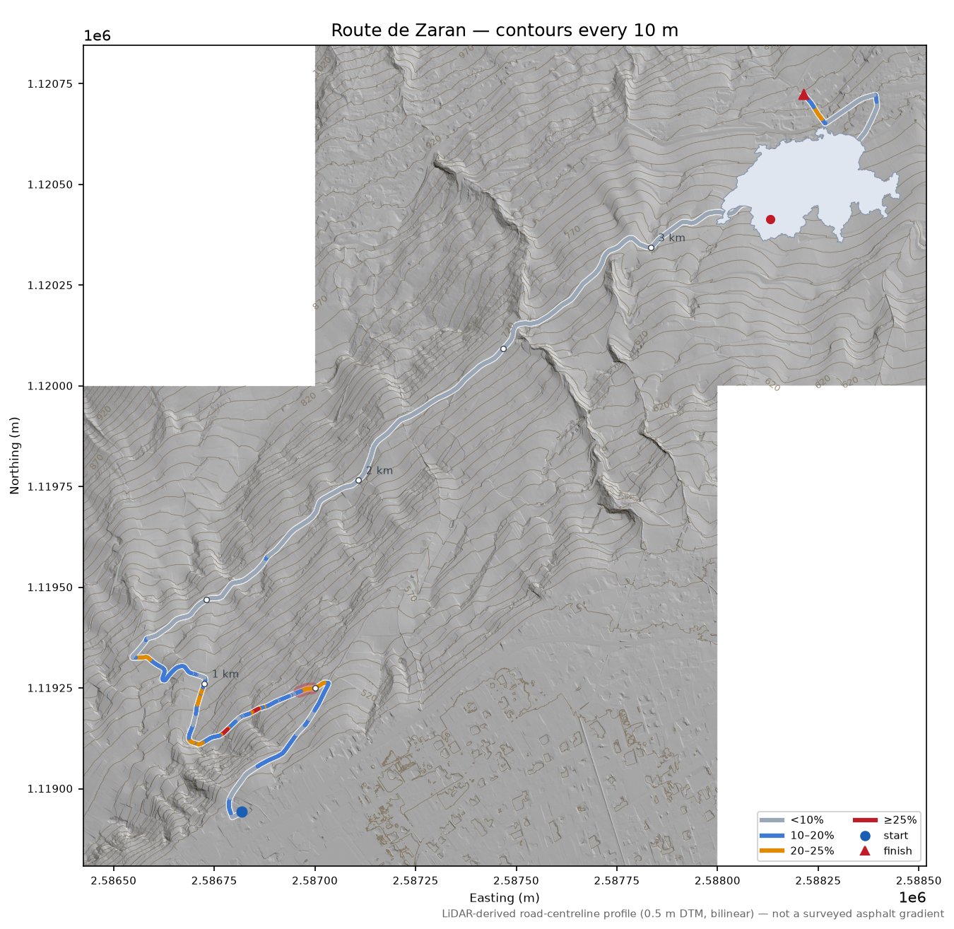 Route de Zaran LiDAR hillshade map with contours