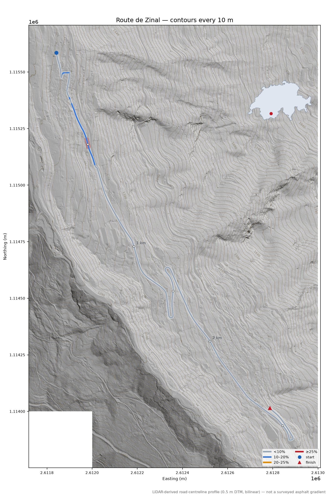 Route de Zinal LiDAR hillshade map with contours